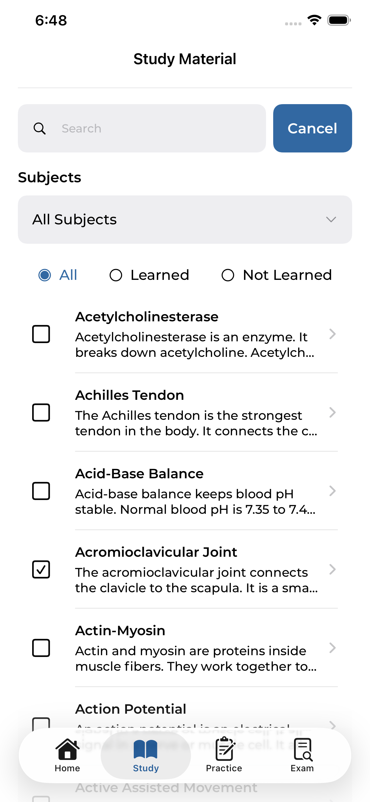 Study material — searchable concept list
